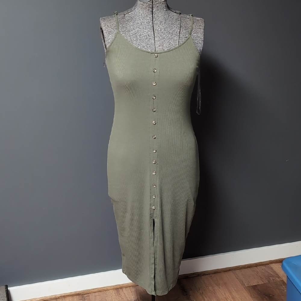 Women's Olive Adjustable Spaghetti Strap  Ribbed Knit Dress
